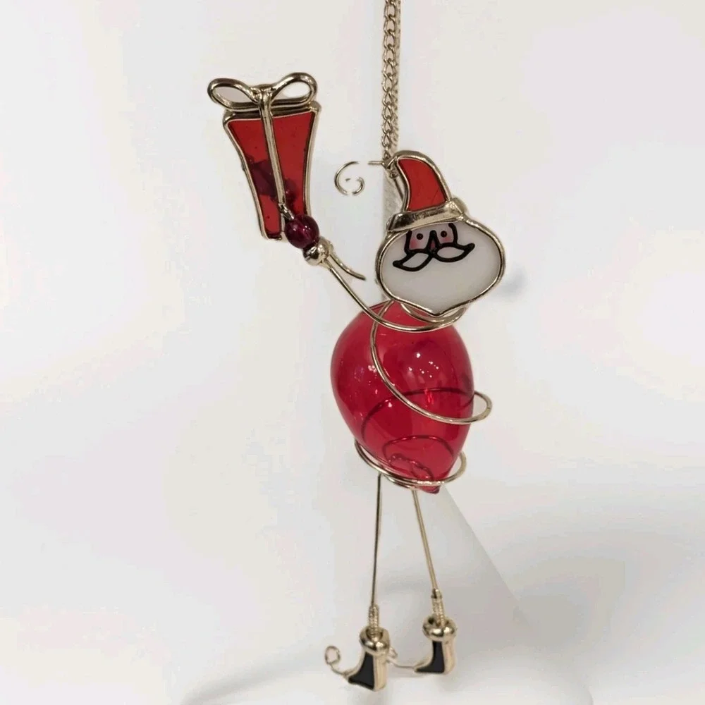 Wire Wrapped Stained Glass Hanging Santa Ornament Decor Acrylic Gold Tone 10